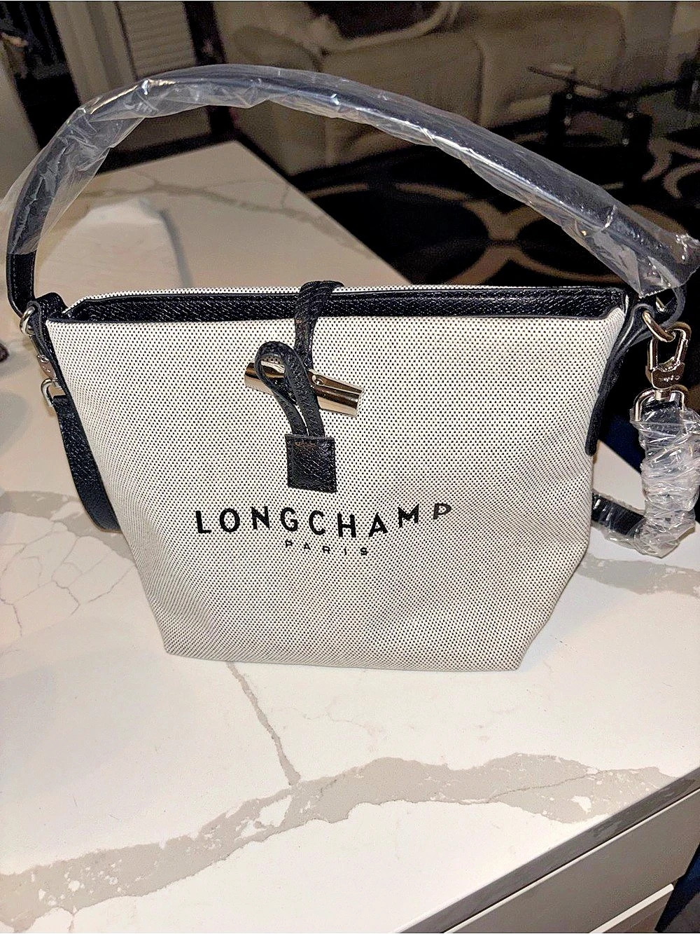 Longchamp Le Pliage Filet XS Crossbody Bag in White & Black